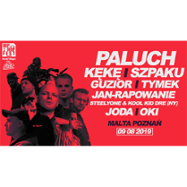 Plakat: czerwone tło, po lewej foto wykonawców po prawej białe napisy