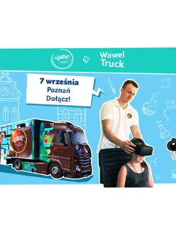 Interaktywny czekoladowy autobus na niebieskim tle