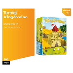 Zdjęcie gry Kingdomino, obok biały napis na pomarańczowym tle