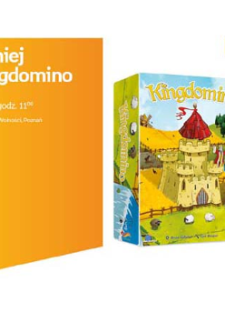 Zdjęcie gry Kingdomino, obok biały napis na pomarańczowym tle
