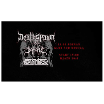 Czaszka, białe i czerwone napisy na czarnym tle