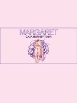 Zdjęcie artystki i fioletowy napis na różowym tle