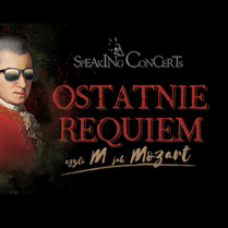 Zdjęcie Mozarta, czerwone napisy na czarnym tle