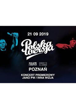 Plakat wydarzenia. Granatowe tło, na środku białe napisy, po bokach wykonawcy.