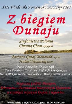 Plakat: Dunaj, na tle wody napisy.