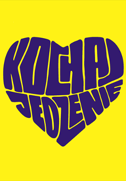 Niebieski napis "Kocha jedzenie" w kształcie serca