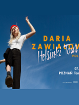 Zdjęcie artystki, żółty i biały napis na niebieskim tle