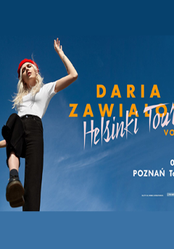 Zdjęcie artystki, żółty i biały napis na niebieskim tle