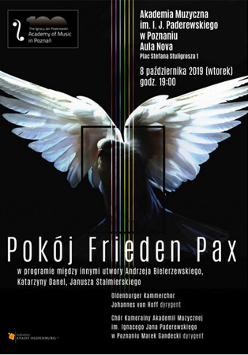 Plakat: Biały ptak z otwartymi skrzydłami.