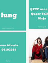 Zdjęcie członków zespołu plus białe napisy na turkusowym tle