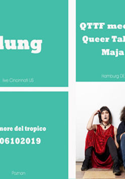 Zdjęcie członków zespołu plus białe napisy na turkusowym tle