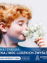 Dziecko wącha kwiaty.