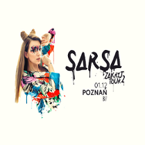 Zdjęcie artystki, czarny napis