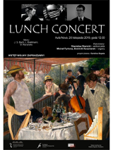 Plakat wydarzenia: tars, nakryty stół, rozmawiający ludzie, kobieta opiera sie o balustradę