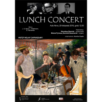 Plakat wydarzenia: tars, nakryty stół, rozmawiający ludzie, kobieta opiera sie o balustradę