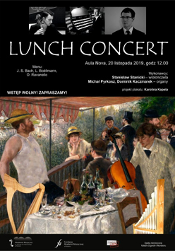 Plakat wydarzenia: tars, nakryty stół, rozmawiający ludzie, kobieta opiera sie o balustradę