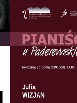 Plakat wydarzenia: u góry zdjęcie Paderewskiego, ponizej klawiszefortepianowe. Po prawej stronie tekst.