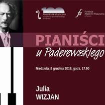 Plakat wydarzenia: u góry zdjęcie Paderewskiego, ponizej klawiszefortepianowe. Po prawej stronie tekst.