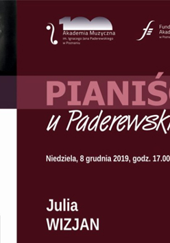 Plakat wydarzenia: u góry zdjęcie Paderewskiego, ponizej klawiszefortepianowe. Po prawej stronie tekst.
