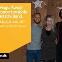 Plakat wydarzenia: Członkowie zespołu stoja obok siebie. Kobieta w środku.