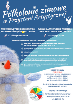 Plakat wydarzenia: Bałwan w czapce i szaliku. Na górze małe: klucz wiolinowy i baletnica.
