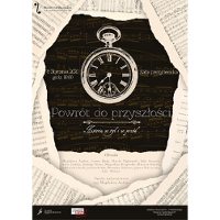Plakat wydarzenia: zegar a dookoła kartki zapisane nutami.