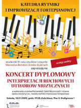 Plakat wydarzenia: klawisze fortepianu, na nich pięciolinia i nuty oraz odciski dłoni.