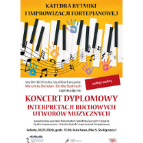 Plakat wydarzenia: klawisze fortepianu, na nich pięciolinia i nuty oraz odciski dłoni.