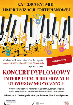 Plakat wydarzenia: klawisze fortepianu, na nich pięciolinia i nuty oraz odciski dłoni.