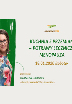 Zielone napisy na jasnym tle i zdjęcie prowadzacej