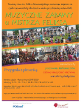 Plakat wydarzenia: na srodku zdjęcia z imprez i zajęć dla dzieci.