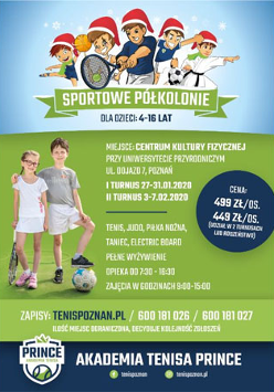 Plakat wydarzenia: z lewej chłopiec z dziewczynką z piłką i rakieta tenisową, na górze dzieci w czapkach Mikołaja z rakietą tenisową, w stroju judo, z piłką nożną i siatkową. na środku plakatu napisy.