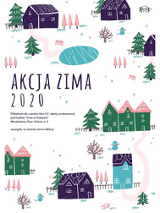 Plakat wydarzenia: domki, jezioro, drzewa. Wszystko w sniegu.