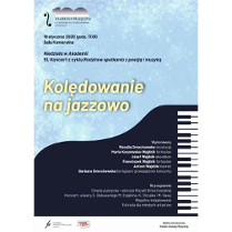 Plakat wydarzenia: Na błękitnym tla napisy, poniżej widok fortepianu z góry.