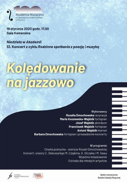 Plakat wydarzenia: Na błękitnym tla napisy, poniżej widok fortepianu z góry.