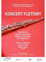 Plakat wydarzenia: czerwone tło, na srodku flet. Na górze i na dole napisy.