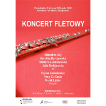 Plakat wydarzenia: czerwone tło, na srodku flet. Na górze i na dole napisy.