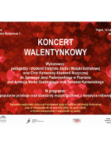 Plakat wydarzenia: tekst na czerwonym tle z sercami.