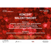 Plakat wydarzenia: tekst na czerwonym tle z sercami.