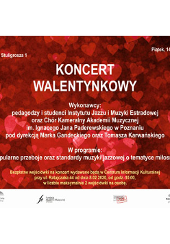 Plakat wydarzenia: tekst na czerwonym tle z sercami.