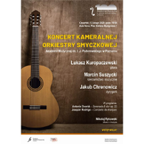 Plakat wydarzenia: gitara oparta o scianę, po prawej tekst.