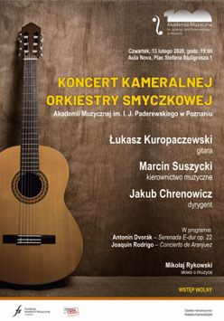 Plakat wydarzenia: gitara oparta o scianę, po prawej tekst.