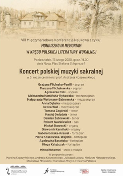 Plakat wydarzenia: U góry szkic dworku szlacheckiego, na dole: informacje dotyczące koncertu.