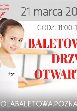 Plakat wydarzenia ze zdjęciem dziewczynki w stroju baletowym przy barierce