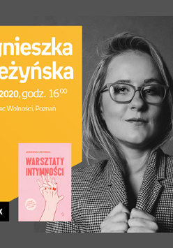 Plakat wydarzenia ze zdjęciem autorki i okładką książki