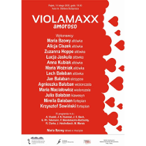 Plakat wydarzenia: napisy na czerwonym tle, po prawej czerwone serca na białym tle.