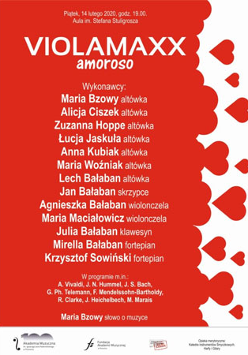 Plakat wydarzenia: napisy na czerwonym tle, po prawej czerwone serca na białym tle.