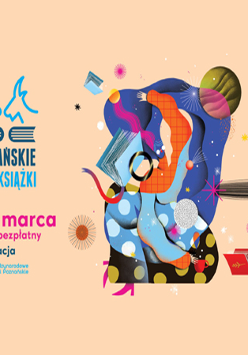 Kolorowa grafika, po lewej granatowe, niebieskie i różowe napisy na jasnym tle