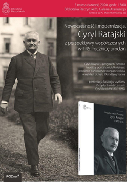 Zdjęcie Ratajskiego, po prawej okładka katalogu wystawy, nad nią napisy