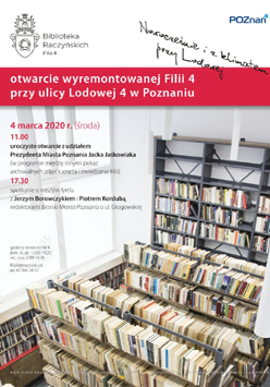 Wnętrze Biblioteki - zdjęcie z góry, napisy informujące o wydarzeniu